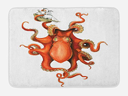 Ambesonne Octopus Bath Mat Kraken Octopus Holding Sailing Ship in Tentacles Mythical Monster Nautical Theme Plush Bathroom Decor Mat with Non Slip Backing 29.5" X 17.5" White Orange