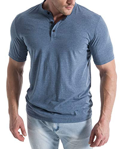 MUSE FATH Mens Short Sleeve Workout Henley Shirt Casual Button Placket Active T-Shirt-Blue Grey-XXL