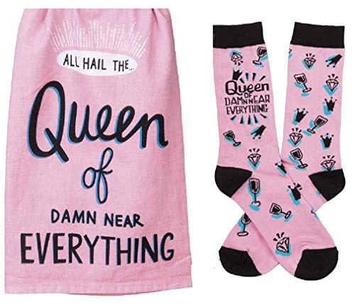 2 Piece Sassy Queen Bundle of Towel and Socks Stating Queen of Damn Near Everything