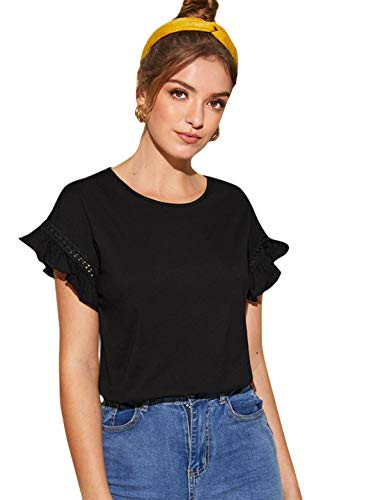 Romwe Women's Short Sleeve Ruffle Trim Contrast Lace Summer Blouse Top Black S