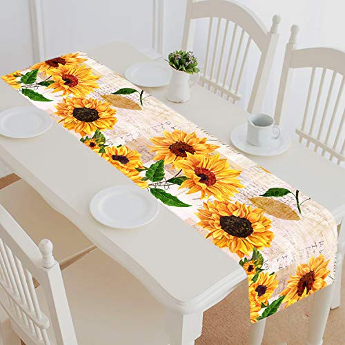 FMSHPON Vintage Sunflowers on Postcards Newspaper Table Runner Home Decor for Kitchen Dining Wedding Party Restaurant Table Linen Cloth for Office 16x72 Inch