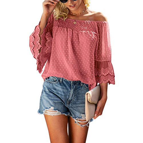 Women Off Shoulder Top Loose Flared Sleeves Casual Boat Neck Off Shoulder Blouse Tops -Orange redL-