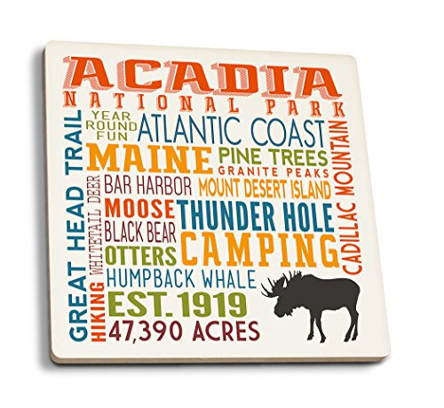 Lantern Press Acadia National Park Maine Typography -Set of 4 Ceramic Coasters Cork-Backed Absorbent-