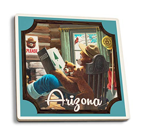 Lantern Press Arizona Smokey Bear Reading Contour Vintage Artwork 110157 -Set of 4 Ceramic Coasters Cork-Backed Absorbent-