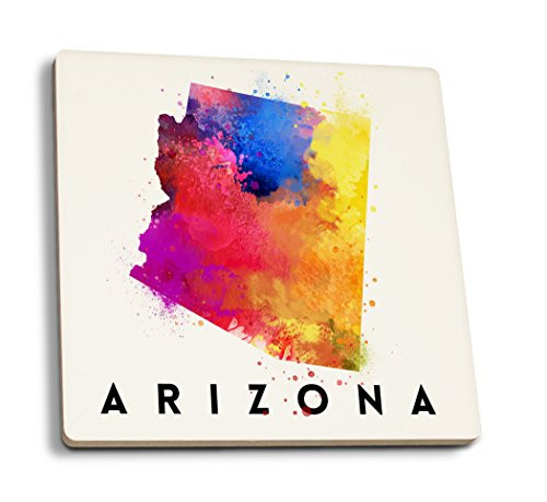Lantern Press Arizona State Abstract Watercolor -Set of 4 Ceramic Coasters Cork-Backed Absorbent-