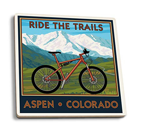 Lantern Press Aspen Colorado Ride The Trails Mountain Bike -Set of 4 Ceramic Coasters Cork-Backed Absorbent-