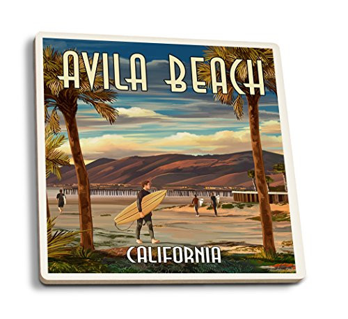 Lantern Press Avila Beach California Surfer and Pier -Set of 4 Ceramic Coasters Cork-Backed Absorbent-