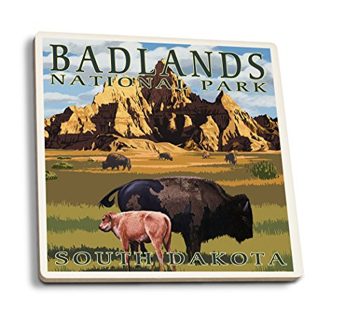 Lantern Press Badlands National Park South Dakota Bison Scene -Set of 4 Ceramic Coasters Cork-Backed Absorbent-
