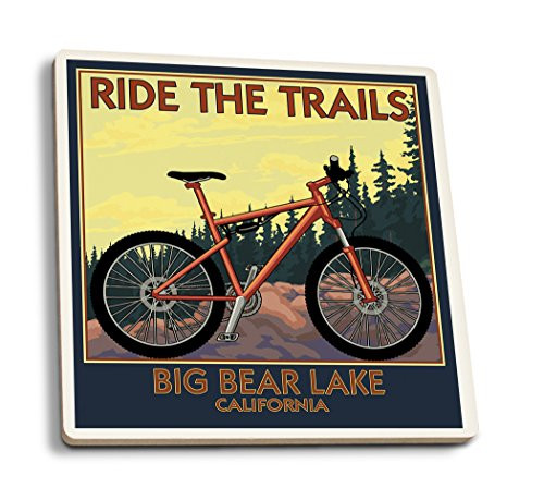 Lantern Press Big Bear Lake California Mountain Bike Scene -Set of 4 Ceramic Coasters Cork-Backed Absorbent-