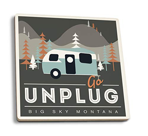 Lantern Press Big Sky Montana Go Unplug Retro Camper -Set of 4 Ceramic Coasters Cork-Backed Absorbent-