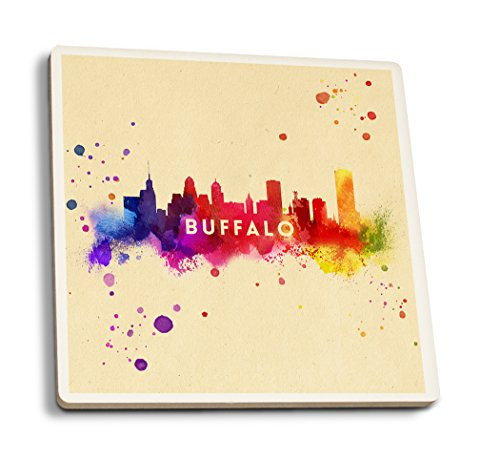 Lantern Press Buffalo New York Skyline Abstract -Set of 4 Ceramic Coasters Cork-Backed Absorbent-