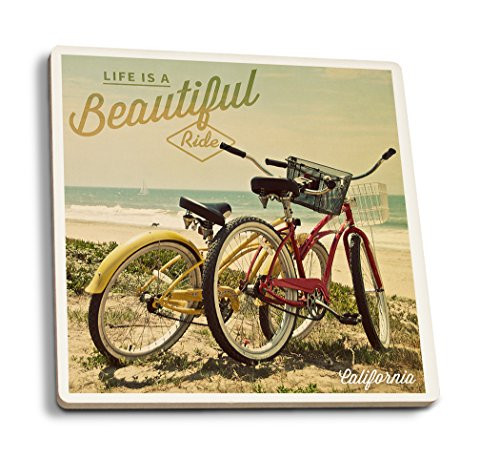Lantern Press California Life is a Beautiful Ride Beach Cruisers -Set of 4 Ceramic Coasters Cork-Backed Absorbent-