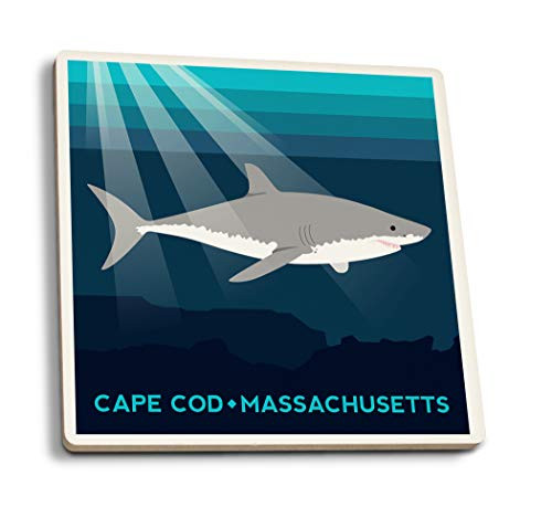 Lantern Press Cape Cod Massachusetts - Great White Shark - Vector Style -Set of 4 Ceramic Coasters - Cork-Backed Absorbent-