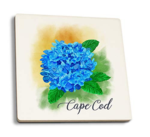 Lantern Press Cape Cod Massachusetts Hydrangea Watercolor -Set of 4 Ceramic Coasters Cork-Backed Absorbent-