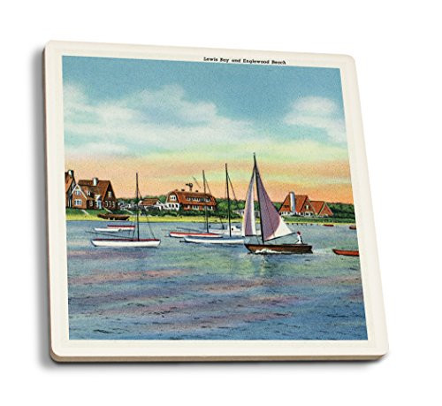 Lantern Press Cape Cod Massachusetts Sailboats in Lewis Bay Englewood Beach View Vintage Halftone -Set of 4 Ceramic Coasters Cork-Backed Absorbent-