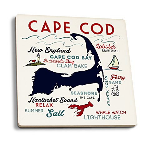 Lantern Press Cape Cod Massachusetts Typography and Icons -Set of 4 Ceramic Coasters Cork-Backed Absorbent-