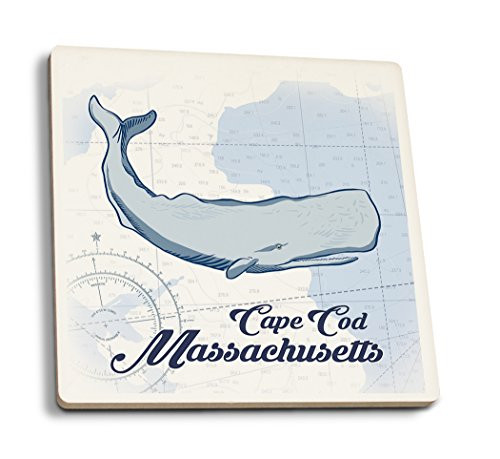 Lantern Press Cape Cod Massachusetts Whale Blue Coastal Icon -Set of 4 Ceramic Coasters Cork-Backed Absorbent-