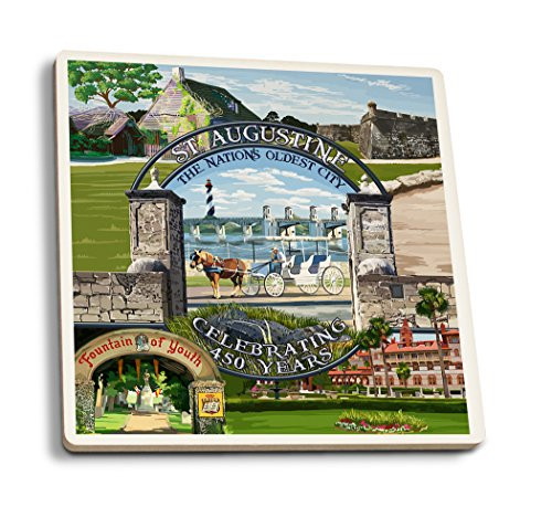 Lantern Press Celebrating 450 Years St. Augustine Florida Montage Scenes -Set of 4 Ceramic Coasters Cork-Backed Absorbent-