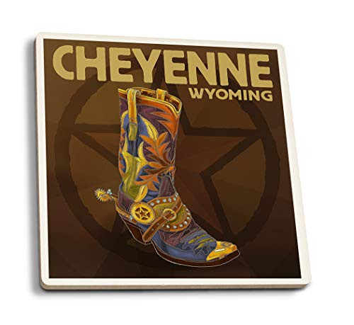 Lantern Press Cheyenne Wyoming Boot and Star 100701 -Set of 4 Ceramic Coasters Cork-Backed Absorbent-