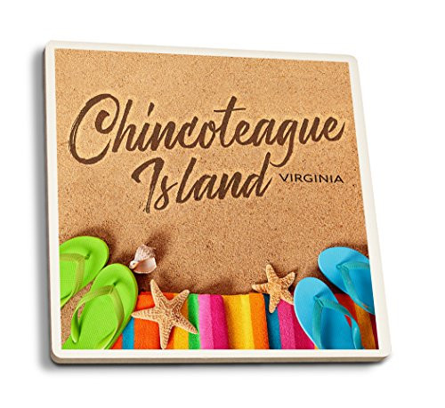 Lantern Press Chincoteague Island Virginia - Flip Flops on Beach -Set of 4 Ceramic Coasters - Cork-Backed Absorbent-