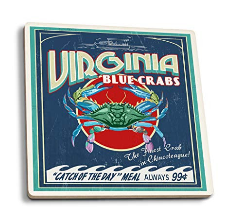 Lantern Press Chincoteague Virginia Blue Crab Vintage Sign -Set of 4 Ceramic Coasters Cork-Backed Absorbent-