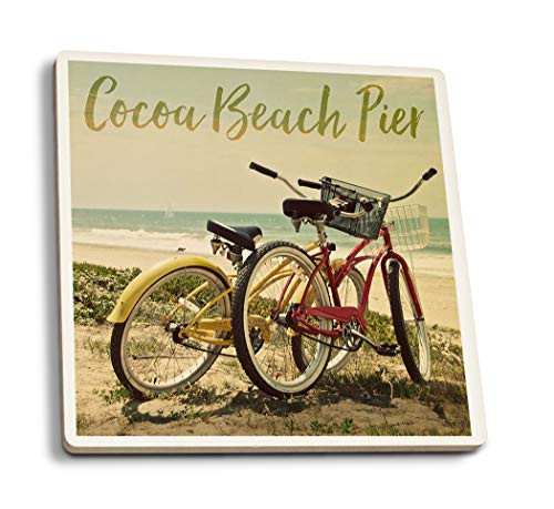 Lantern Press Cocoa Beach Pier Florida Bicycles and Beach Scene 91783 -Set of 4 Ceramic Coasters Cork-Backed Absorbent-