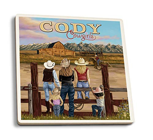 Lantern Press Cody Wyoming Cody Cowgirls Scene 98193 -Set of 4 Ceramic Coasters Cork-Backed Absorbent-