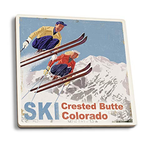 Lantern Press Crested Butte Colorado Vintage Skiers -Set of 4 Ceramic Coasters Cork-Backed Absorbent-