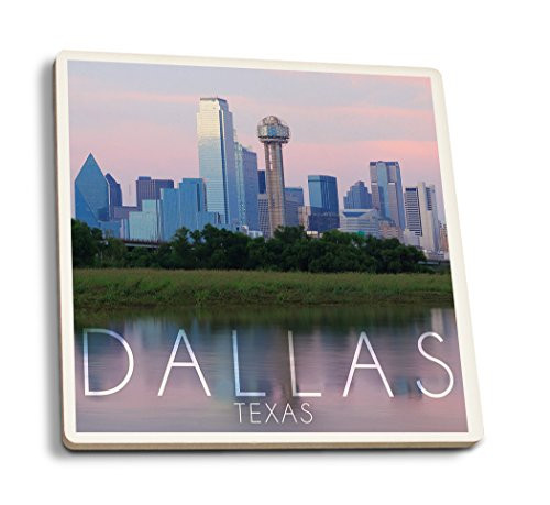 Lantern Press Dallas Texas Skyline at Sunrise -Set of 4 Ceramic Coasters Cork-Backed Absorbent-