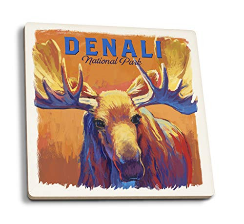 Lantern Press Denali National Park Alaska Moose Vivid 94656 -Set of 4 Ceramic Coasters Cork-Backed Absorbent-