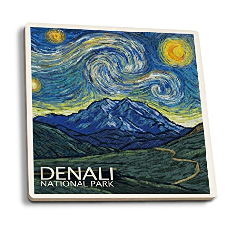 Lantern Press Denali National Park Alaska Starry Night -Set of 4 Ceramic Coasters Cork-Backed Absorbent-