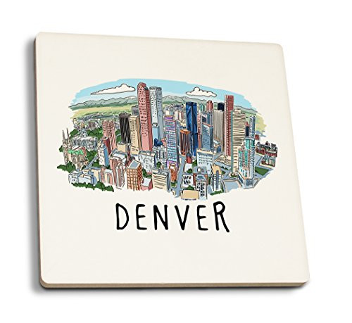 Lantern Press Denver Colorado Cityscape Line Drawing -Set of 4 Ceramic Coasters Cork-Backed Absorbent-