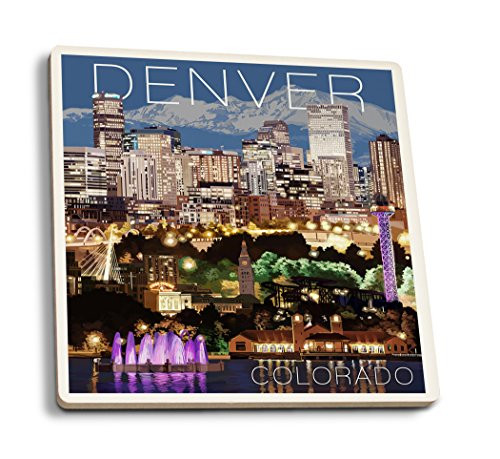 Lantern Press Denver Colorado Skyline at Night -Set of 4 Ceramic Coasters Cork-Backed Absorbent-