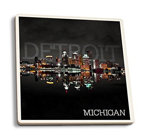 Lantern Press Detroit Michigan City at Night -Set of 4 Ceramic Coasters Cork-Backed Absorbent-