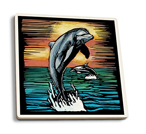 Lantern Press Dolphins Scratchboard -Set of 4 Ceramic Coasters Cork-Backed Absorbent-