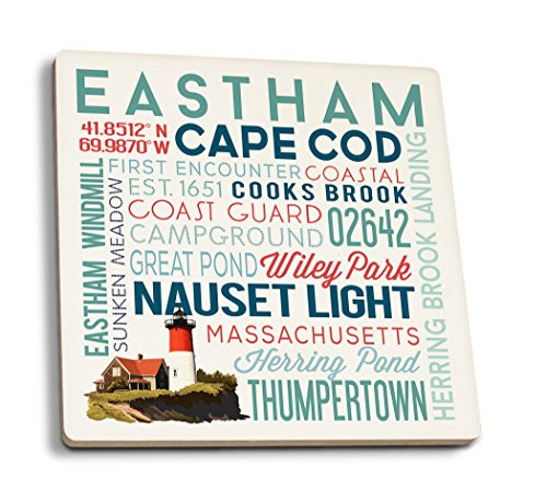 Lantern Press Eastham Massachusetts Cape Cod Typography -Set of 4 Ceramic Coasters Cork-Backed Absorbent-