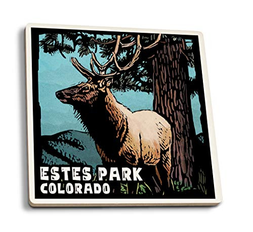 Lantern Press Estes Park Colorado - Elk - Scratchboard -Set of 4 Ceramic Coasters - Cork-Backed Absorbent-