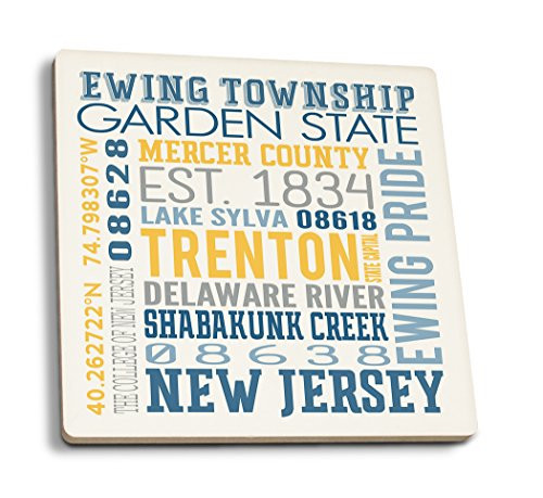 Lantern Press Ewing Township New Jersey Typography -Set of 4 Ceramic Coasters Cork-Backed Absorbent-