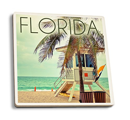 Lantern Press Florida Lifeguard Shack and Palm -Set of 4 Ceramic Coasters Cork-Backed Absorbent-