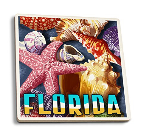 Lantern Press Florida Shell Montage -Set of 4 Ceramic Coasters Cork-Backed Absorbent-