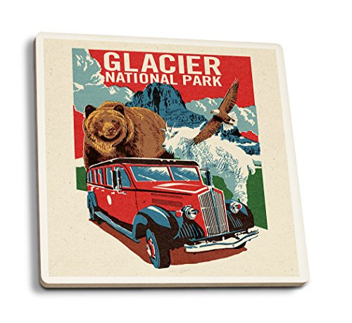 Lantern Press Glacier National Park Montana - Woodblock -Set of 4 Ceramic Coasters - Cork-Backed Absorbent- Lantern Press Glacier National Park Montana - Woodblock -Set of 4 Ceramic Coasters - Cork-Backed Absorbent-