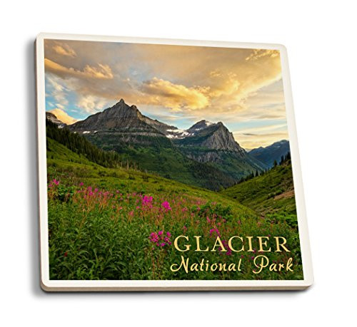 Lantern Press Glacier National Park Montana Sunset and Flowers -Set of 4 Ceramic Coasters Cork-Backed Absorbent- Lantern Press Glacier National Park Montana Sunset and Flowers -Set of 4 Ceramic Coasters Cork-Backed Absorbent-