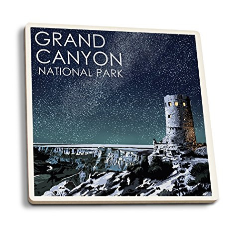 Lantern Press Grand Canyon National Park - Watchtower at Night -Set of 4 Ceramic Coasters - Cork-Backed Absorbent-
