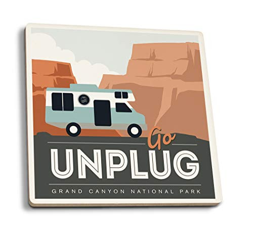 Lantern Press Grand Canyon National Park Go Unplug Retro RV -Set of 4 Ceramic Coasters Cork-Backed Absorbent-