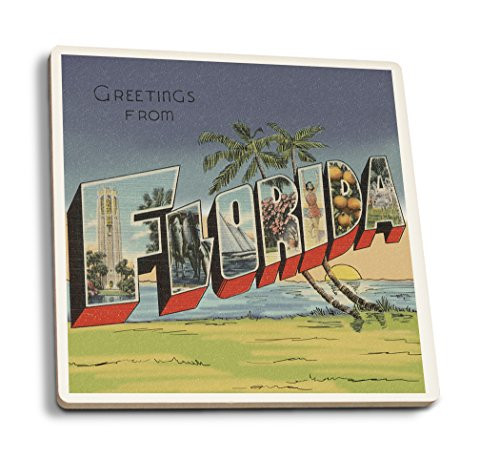 Lantern Press Greetings from Florida -Palm Tree and Ocean Scene- -Set of 4 Ceramic Coasters Cork-Backed Absorbent-