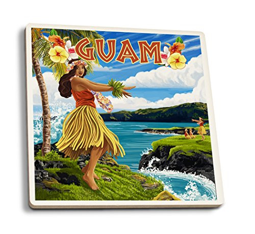 Lantern Press Guam Hula Girl on Coast -Set of 4 Ceramic Coasters Cork-Backed Absorbent-