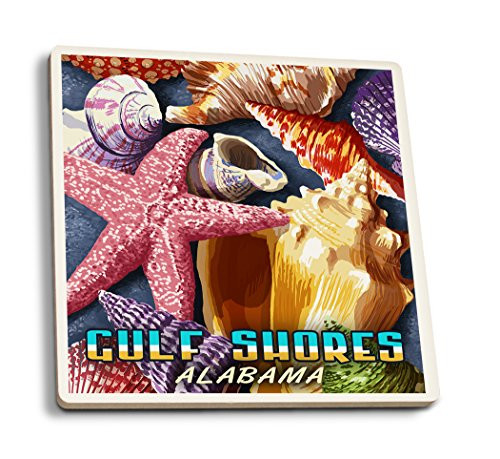 Lantern Press Gulf Shores Alabama Shells Montage -Set of 4 Ceramic Coasters Cork-Backed Absorbent-