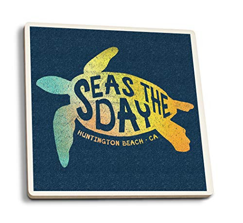 Lantern Press Huntington Beach California Sea Turtle Silhouette and Typography Beach Palette 106621 -Set of 4 Ceramic Coasters Cork-Backed Absorbent-