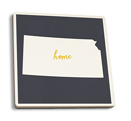 Lantern Press Kansas Home State White on Gray -Set of 4 Ceramic Coasters Cork-Backed Absorbent-