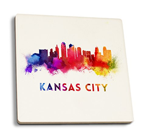 Lantern Press Kansas City Missouri Skyline Abstract -Set of 4 Ceramic Coasters Cork-Backed Absorbent-